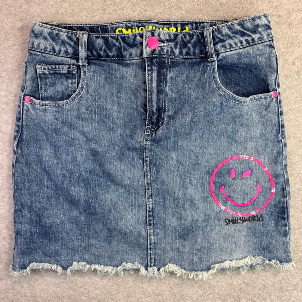 SmileyWorld Girls‎ Denim Mini Skirt Blue Sequin Smiley Face Size 16